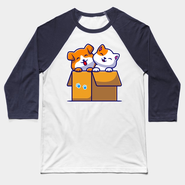 Cute Dog And Cute Cat Playing In Box Cartoon Baseball T-Shirt by Catalyst Labs